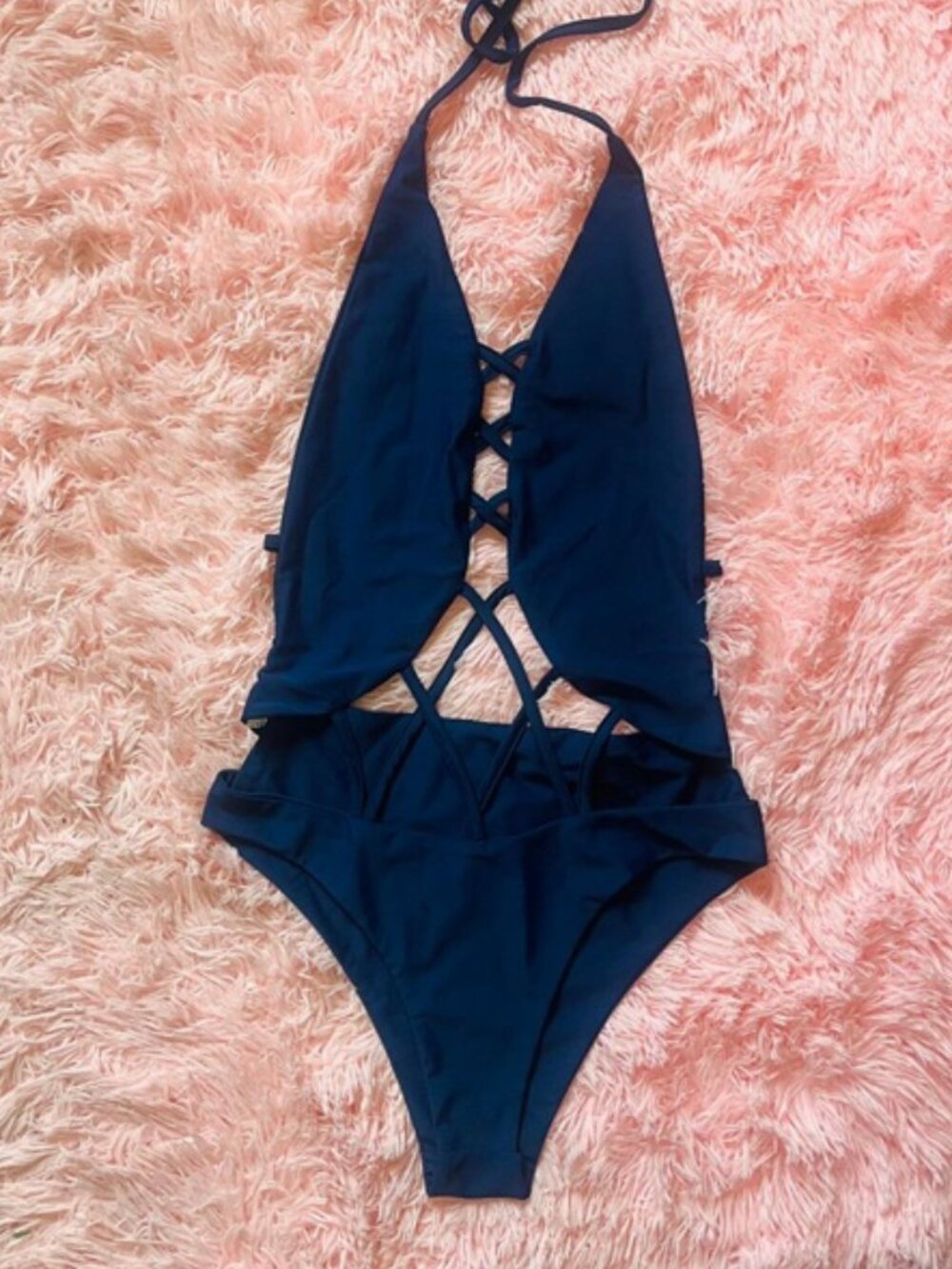 NBW navy blue swimsuit w/ criss cross cut out design